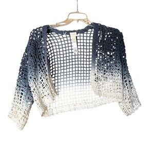 Chico's Blue and White Crochet Shrug